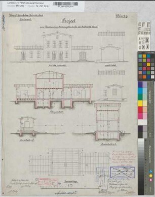Project zum Neubau eines Stationsgebäudes für die Haltestelle Courl [Dortmund-Kurl], Blatt 3: Ansicht, Schnitte, Sparrenlage, M. 1:100 Hge, Sknr.: 5, Fanr.: 7, Bunr.: 2