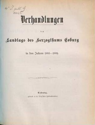 Verhandlungen des Landtags für das Herzogthum Coburg. 1885/89