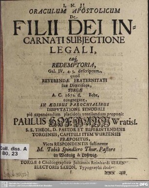 Oraculum apostolicum de filii dei incarnati subjectione legali ...