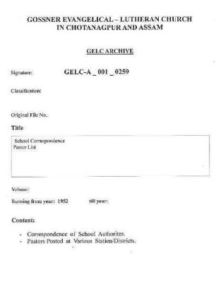 School Correspondence, Pastors List