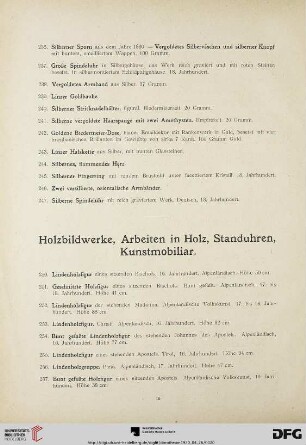 Holzbildwerke, Arbeiten in Holz, Standuhren, Kunstmobiliar (Nr. 250-340)
