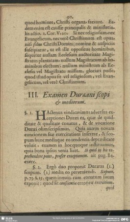 III. Examen Duraeani scopi & mediorum
