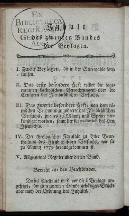 Inhalt des zweyten Bandes der Beylagen