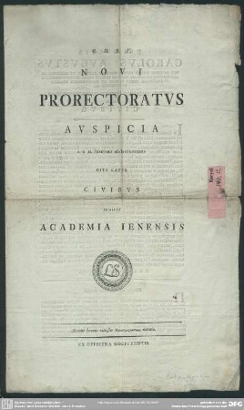 Novi Prorectoratus Auspicia A. D. IX. Februarii MDCCLXXXXIII. Rite Capta Civibus Indicit Academia Ienensis : Accedit brevis vitiosae Polypragmosyns notatio