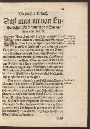 Die fünffte Ursach. Daß man nit von Lutherischen Predicanten das Sacrament nemmen sol.