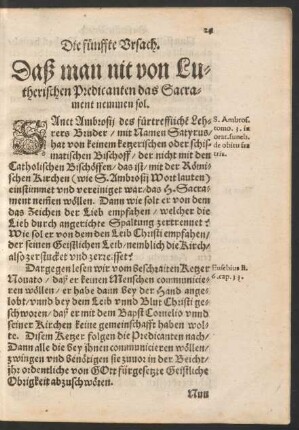 Die fünffte Ursach. Daß man nit von Lutherischen Predicanten das Sacrament nemmen sol.