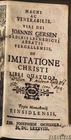 Joannis Gersen de imitatione Christi : libri quatuor