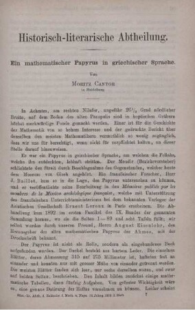 Ein mathematischer Papyrus in griechischer Sprache.