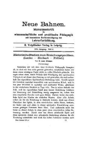Historische Studien zum Erziehungsproblem : (Locke-Herbart-Fröbel) ; Fortsetzung