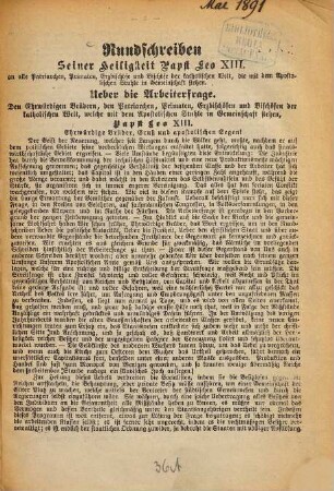 Rundschreiben Seiner Heiligkeit Papst Leo XIII. an alle Patriarchen, Primaten, Erzbischöfe und Bischöfe der katholischen Welt, die mit dem Apostolischen Stuhle in Gemeinschaft stehen : Über die Arbeiterfrage (Beilage zum Regensburgs Morgenblatt)