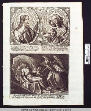 oben: Christusbildnis und Bildnis der Maria mit Kind, jeweils in ovalem Rahmen.