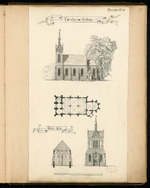 Zweischiffige Dorfkirche in märkischem Backstein für 300 Sitzplätze Monatskonkurrenz Juni 1877: Grundriss, Aufriss Südansicht, Turmansicht (Eingang), Querschnitt; Maßstabsleiste