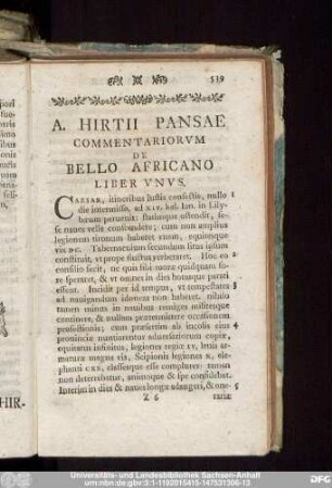 A. Hirtii Pansae Commentariorum De Bello Africano Liber Unus.