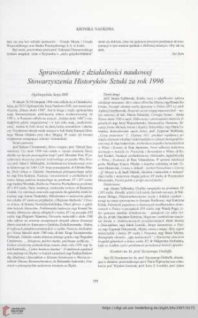 59: Sprawozdanie z działalności naukowej Stowarzyszenia Historyków Sztuki za rok 1996