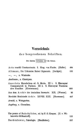 Verzeichnis der besprocheneen Schriften. Die Zahlen verweisen auf die Seiten.