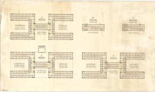 Fischer, Theodor; München - Westend, Bergmannstr.; Ledigenheim - Nordsüd u. Mittelbau (Grundriss 1. OG, Grundriss 2. OG, Grundriss 3. OG, Grundriss 4. OG, Grundriss 5. OG)