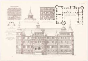 Schloss Güstrow / Grabkapelle, Doberan: Ansichten, Grundriss Güstrow, Ansicht, Grundriss Doberan (aus: Baukunst d. Renaissance in Deutschland, hrsg. v. Zeichenaussch. d. Stud. d. TH Berlin, 1875)