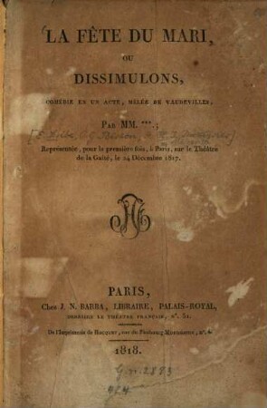 La fête du mari, ou Dissimulons : comédie en un acte, mélée de vaudevilles