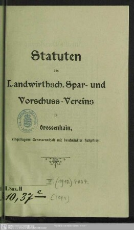 Statuten des Landwirthsch. Spar- und Vorschuss-Vereins in Grossenhain