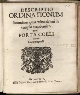 Descriptio Ordinationum secundum quas cultus divini in templo accademico quod Porta Coeli dicitur sunt peragendi