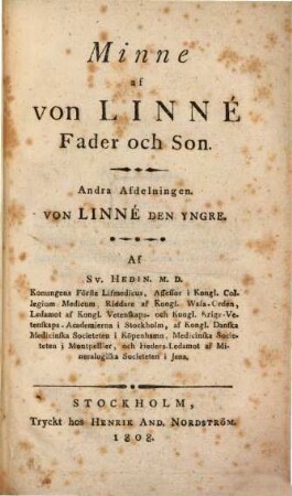 Minne af von Linné fader och Son, 2. Von Linné d. Y. - 102 S.