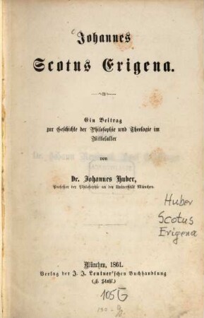 Johannes Scotus Erigena : ein Beitrag zur Geschichte der Philosophie und Theologie im Mittelalter