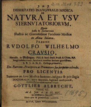 Dissertatio Inavgvralis Medica De Natvra Et Vsv Sternvtatoriorvm