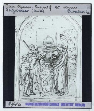 Pynas (Jan), Entwurfszeichnung für einen Altar (Anbetung der Hirten) (Privatsammlung) : Ausschnitt (Mitteltafel)