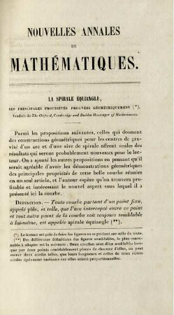 La spirale équiangle ses principales propriétés provées géométriquement.
