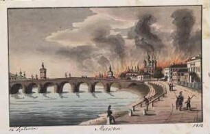 'Moskau' Steinbrücke über die Moskwa, brennende Stadtteile im Hintergrund; Aquarell