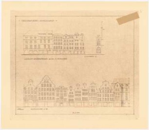 Nachkriegsneugestaltung der Kreuzung Kohlmarkt, Breite Straße, Wahmstraße, Sandstraße, Lübeck: Aufriss 1:200: Straßenansichten der Häuserzeilen Breite Straße 62 - 72 (Westseite), Sandstraße 2 - 24 (Westseite)