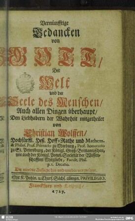 Vernünfftige Gedancken von Gott, Der Welt und der Seele des Menschen, Auch allen Dingen überhaupt