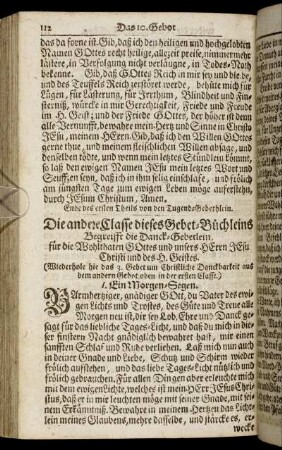 Die andere Classe dieses Gebet-Büchleins Begreifft die Danck-Gebetlein