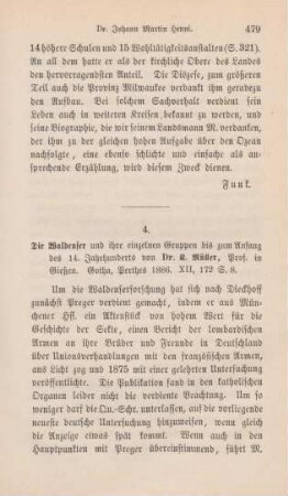 479-480 [Rezension] Müller, Karl Friedrich, Die Waldenser und ihre einzelnen Gruppen bis zum Anfang des 14. Jahrhunderts