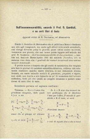 Sull'incommensurabilità, secondo il Prof. D. Gambioli, e su certi libri di testo.
