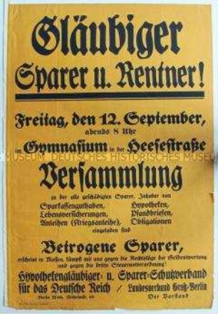 Maueranschlag mit dem Aufruf zu einer Versammlung gegen Geldentwertung und Steuernotverordnung