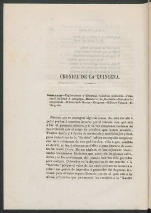 Crónica de la quincena.
