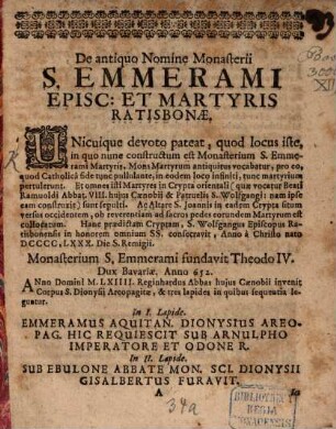 De antiquo nomine Monasterii S. Emmerami Episcopi et Martyr