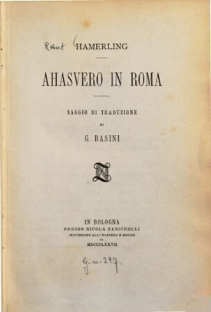 Ahasvero in Roma : Saggio di traduzione di G. Basini