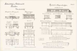 Schlachthof und Viehmarkt, Breslau Abortgebäude, Düngergrube, Futterschuppen, Pferdestall, Wagenschuppen: Abortgebäude und Düngergrube im Überständerhof: Grundriss Querschnitte Längsschnitt Vorderansicht 1:100. Futterschuppen im Überständerhof: Grundriss Querschnitt Längsschnitt Vorderansicht 1:100. Pferdestall: Gesamtgrundriss 1:200 Teilgrundriss Querschnitt Längsschnitt Seitenansicht und Giebelansicht 1:100. Wagenschuppen: Gesamtgrundriss 1:200 Teilgrundriss Querschnitt Längsschnitt 1:100