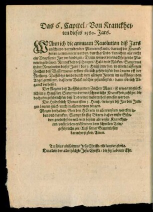 Das 6. Capitel/ Von Kranckheiten dieses 1580. Jars.