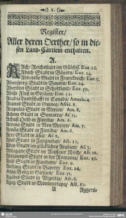 Register, Aller deren Oerther, so in diesen Land-Cärtlein enthalten