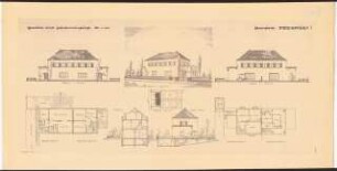 Zweifamilienhaus Monatskonkurrenz Februar 1930: Lageplan 1:500; (je halber) Grundriss Keller, Erdgeschoss, Obergeschoss und Dachgeschoss, Aufriss Straßenansicht, Gartenansicht, Seitenansicht, Querschnitt 1:100; perspektivische Ansicht