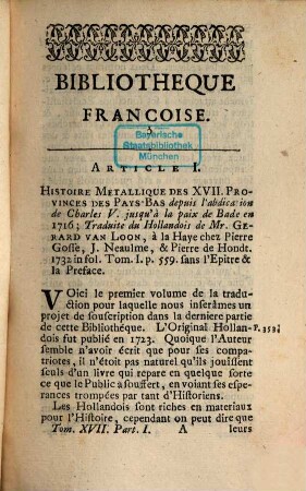 Bibliothèque françoise, ou histoire littéraire de la France. 17, 17. 1732