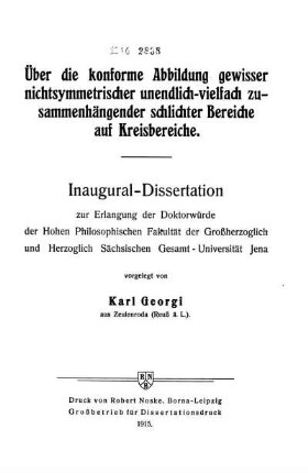 Über die konforme Abbildung gewisser nichtsymmetrischer unendlich-vielfach zusammenhängender schlichter Bereiche auf Kreisbereiche