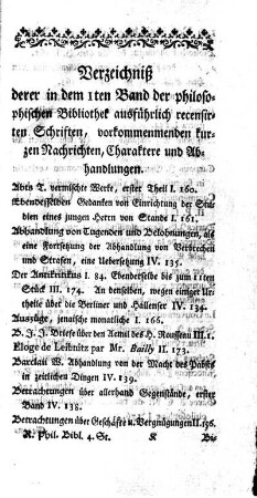 Verzeichnis derer in dem 1sten Band der philosopischen Bibliothek ausführlich recensirten Schriften, vorkommenmenden kurzen Nachrichten, Charaktere und Abhandlungen.