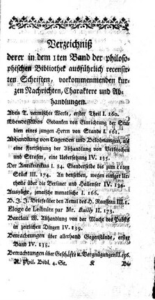 Verzeichnis derer in dem 1sten Band der philosopischen Bibliothek ausführlich recensirten Schriften, vorkommenmenden kurzen Nachrichten, Charaktere und Abhandlungen.