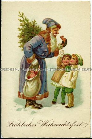 Weihnachtspostkarte, Kinder mit Weihnachtsmann