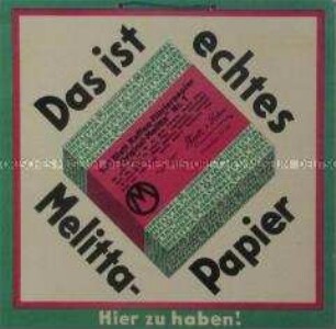 Werbeschild "Das ist echtes Melitta-Papier", in Originalverpackung