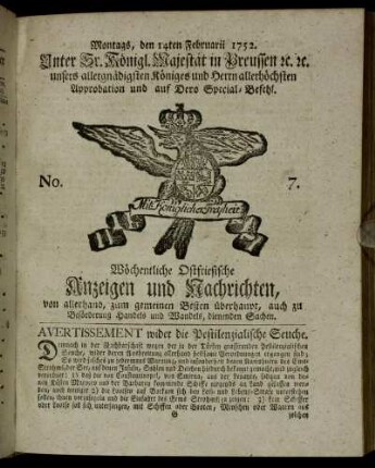 No. 7. Montags, den 14ten Februarii 1752.